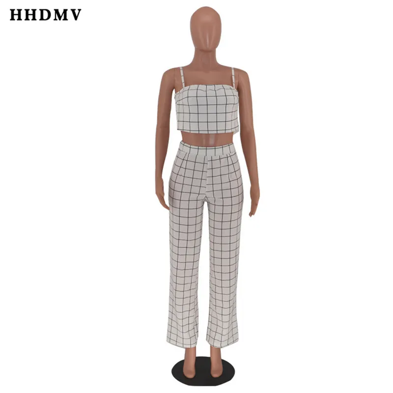 HHDMV YWJR0657 летние комплекты для путешествий Полосатое платье на бретельках ремень клетчатый короткий топ эластичные клетчатые длинные штаны белые комплекты из двух предметов