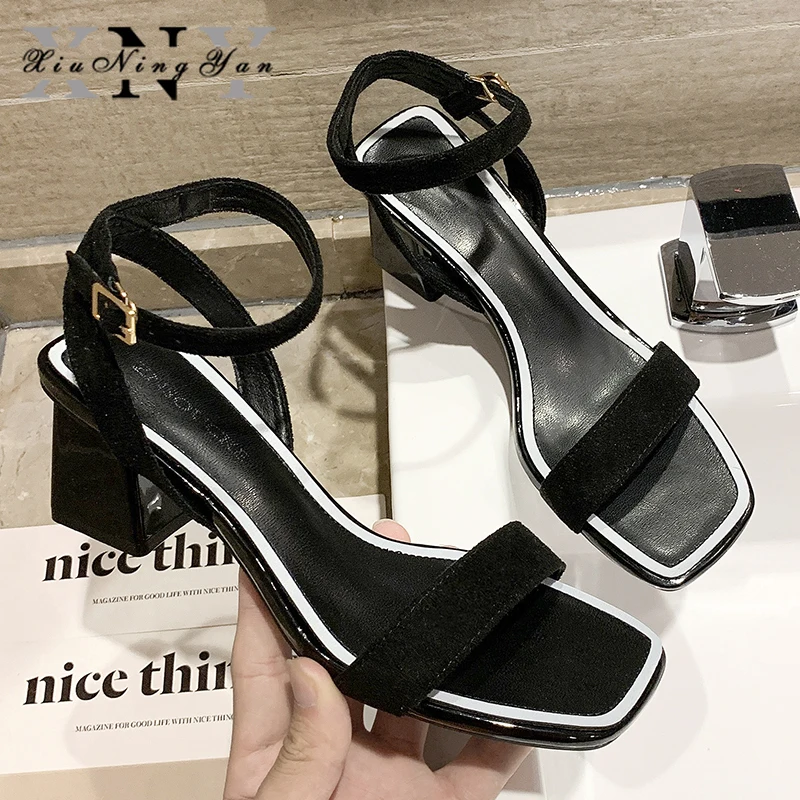 

Summer Women Dress Shoes Gladiator Buckle Strap Cover Heel Fashion Chunky Ladies Party Sandals for Woman Ankle Strap Footwear