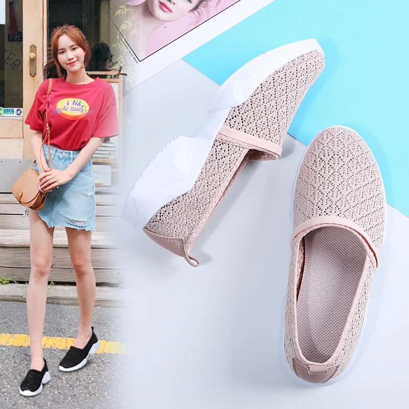 

Lightweight Flying Weave Summer Casual Shoes Women Fashion Plattorm Jogging Slip-on Sneakers Ladies Non-slip Mother Walking Shoe