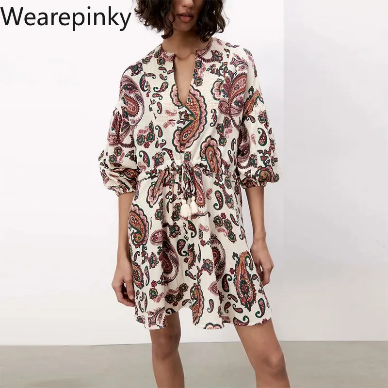 

Summer Dress Women New Bohemian High Wight A-Line Office Ladies Fashion Vintage Pattern Print A-Line Mini V-Neck Party Dresses