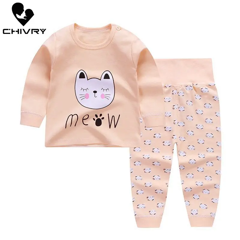 Newborn Kids Boys Girls Pajama Sets Cartoon Print Long Sleeve Cute T-Shirt Tops with Pants Toddler Baby Autumn Sleeping Clothes | Детская