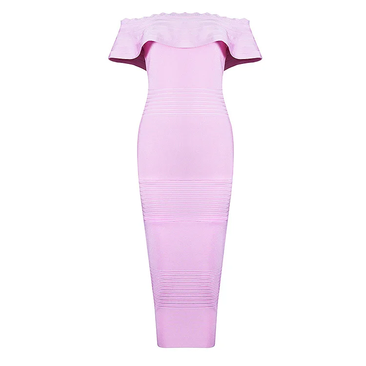 

Newest Fashion Top Quality Pink Ruffles Off The Shoulder Slash Neck Rayon Bandage Dress Celebrity Party Dress