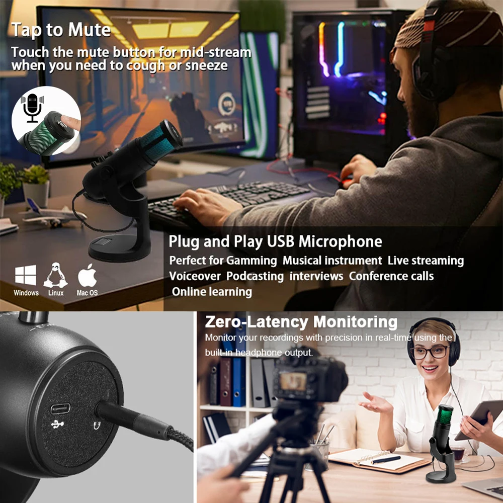 rgb microphone professional condenser microphones for iphone android pc computer laptop phone recording singing gaming streaming free global shipping