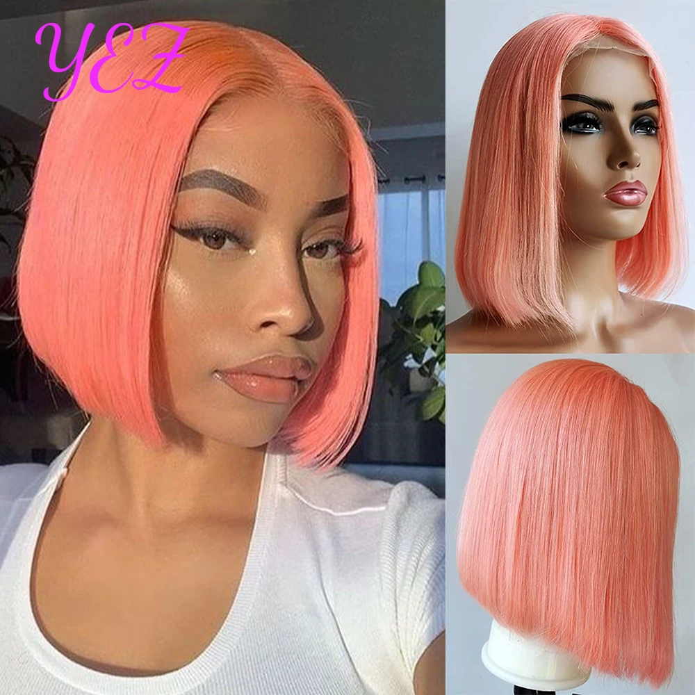 YEZ Pink Bob Wig Straight 13x6 Transparent Frontal Human Hair Wig Short Bob Lace Front Wig For Women Y44124