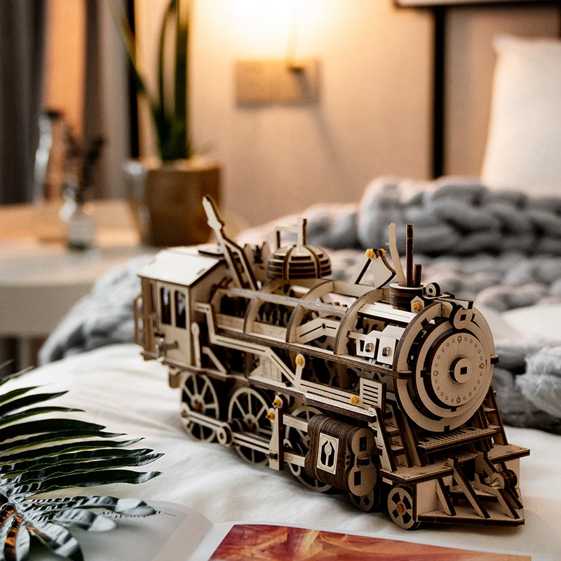 

Kids Creative Educational Toys DIY Clockwork Gear Drive Locomotive 3D Wooden Model Building Kits Toys Hobbies Children Gifts