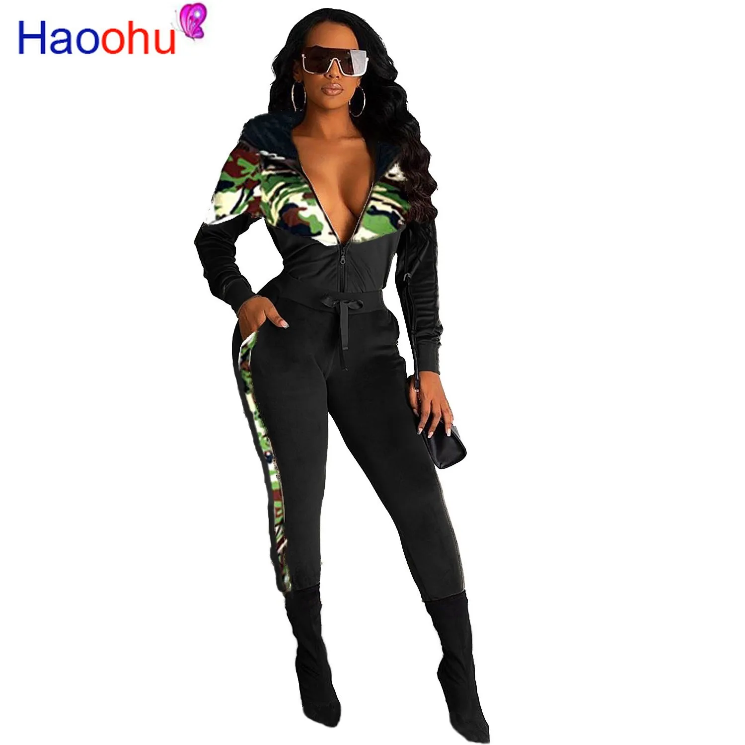 HAOOHU Camo Splice Velvet комплект из двух предметов женская одежда велюровый спортивный