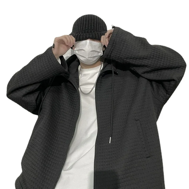 

Sweater men's spring and autumn casual ins simple waffle hooded jacket jacket Korean version of the wild tide loose jacket