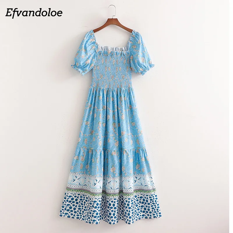 

Макси синие платья для женщин трапециевидной формы с буфами на рукавах; Элегантные праздничные Семейные комплекты летнего длинное платье ж...