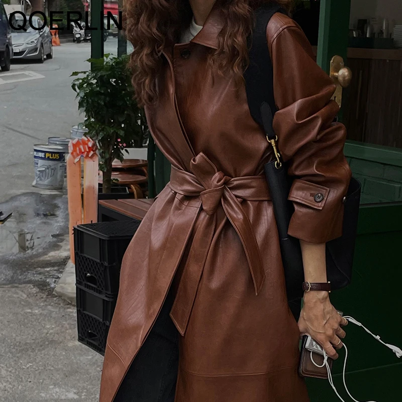 QOERLIN Black PU Leather Long Trench 2021 New Autumn Winter New Lapel Temperament Long Leather Trench Coat Sashes Coat Overcoat