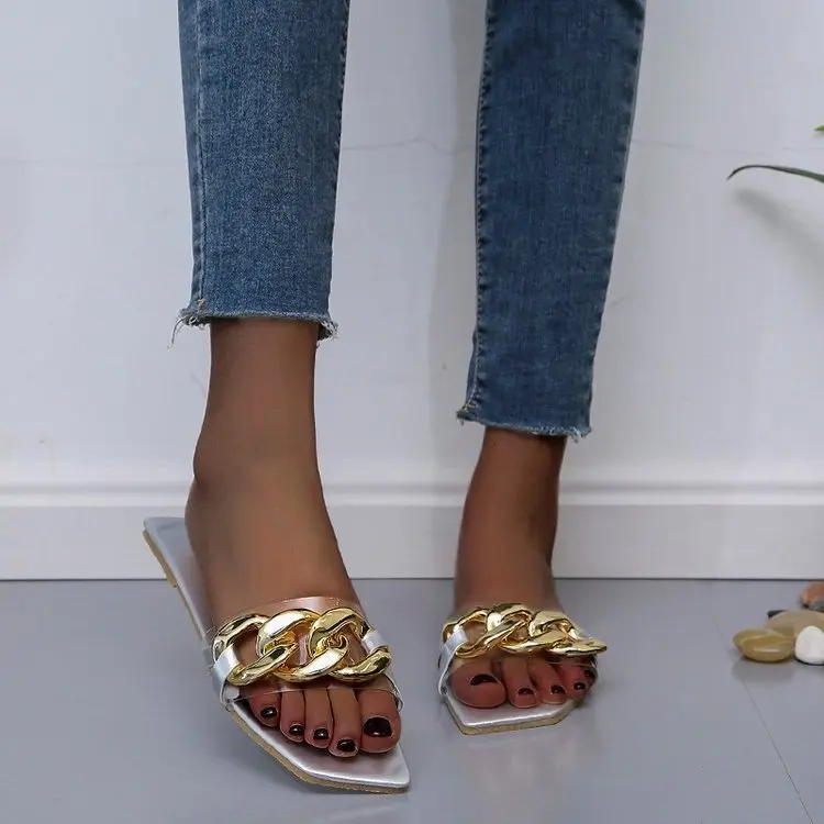 Gold Summer Transparent Slippers Chain Jelly Shoes Soft Casual Wild Women Comfort Ladies Beach PVC Slides Female Shoes 2021 New