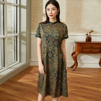 100 silk dress vintage printed turn down neck short sleeve special design dresses elegant casual new fashion style