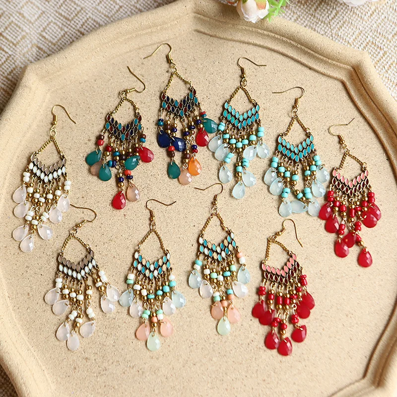 

Bohemian Multicolor Crystal Beads Drop Earrings Vintage Classic Ethnic Long Geometric Earrings Charm Femme Party Wedding Jewelry