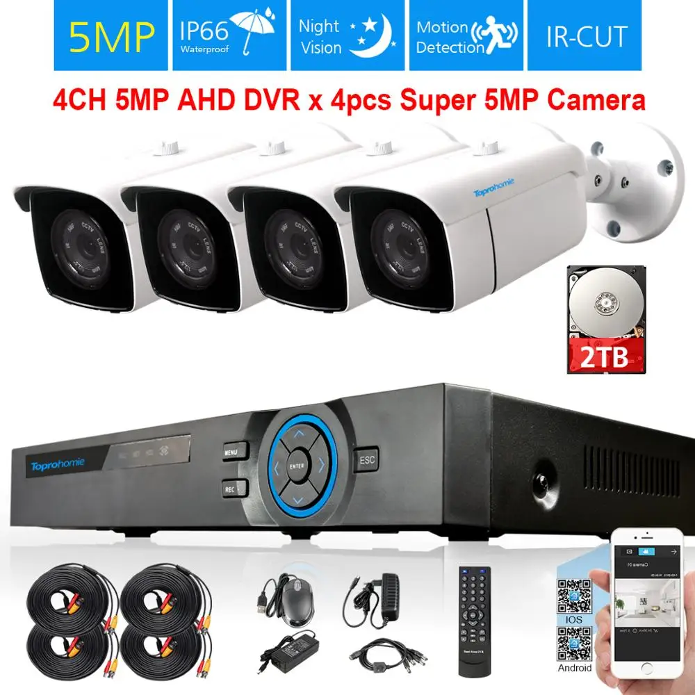 TOPROHOIME h.265 + 4CH 5MP Система охранной камеры 1/3 ''Sony CCD Водонепроницаемая наружная