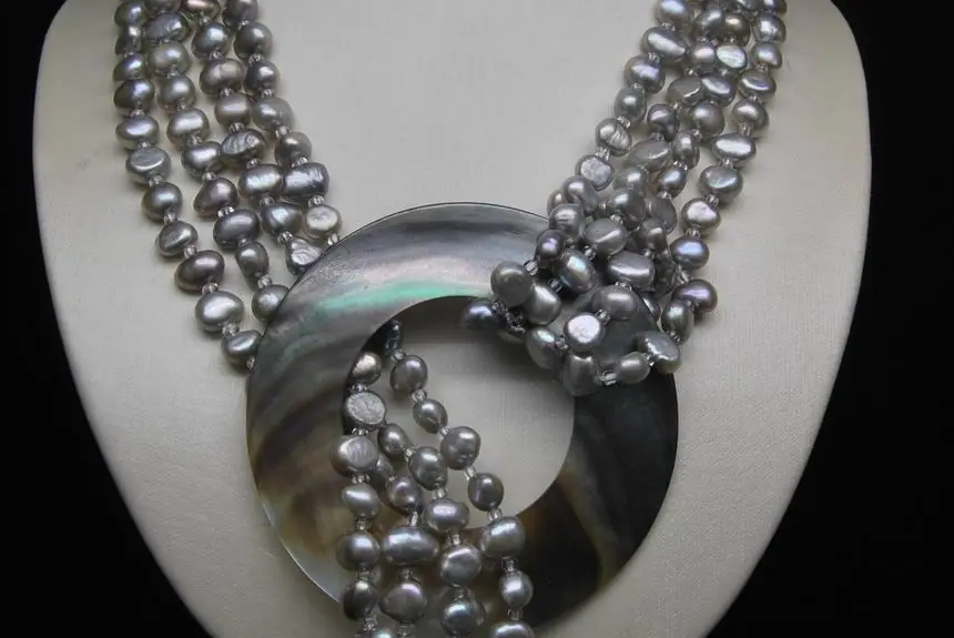 

Free shipping shitou 32" Natural 4- Row 5-6MM AAA Silver_Gray Baroque pearl Necklace