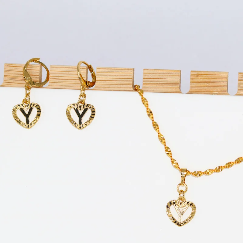 

26 Initial Gold Color Love Letters Jewelry Sets For Women With Water Wave Necklace From A TO Z Africa Heart Line Carved Pendant