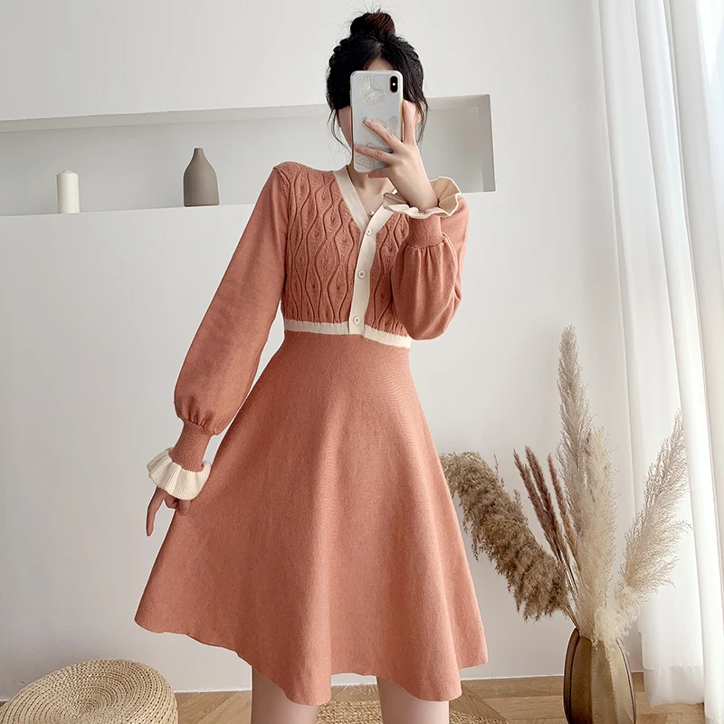 

Make French first love knitting dress female new winter fairy girl accept show thin waist skirt