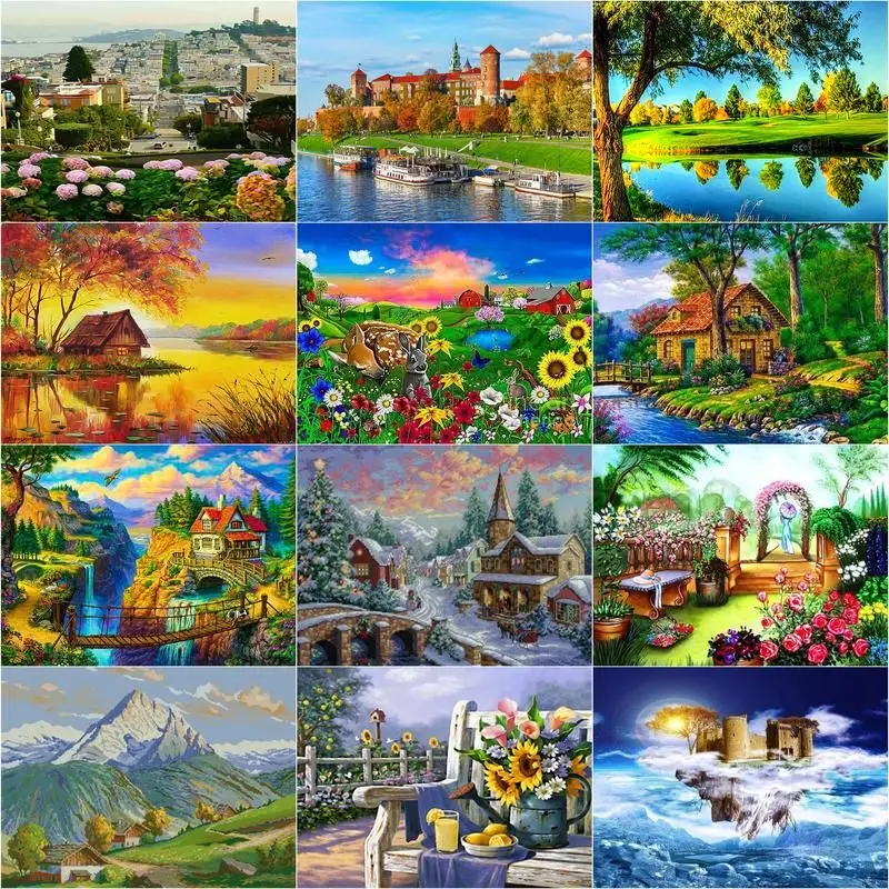 

CHENISTORY Diamond Embroidery Houses Landscape Mosaic Cross Stitch 5D DIY Diamond Painting Craft Kit Home Decoration 40x50cm