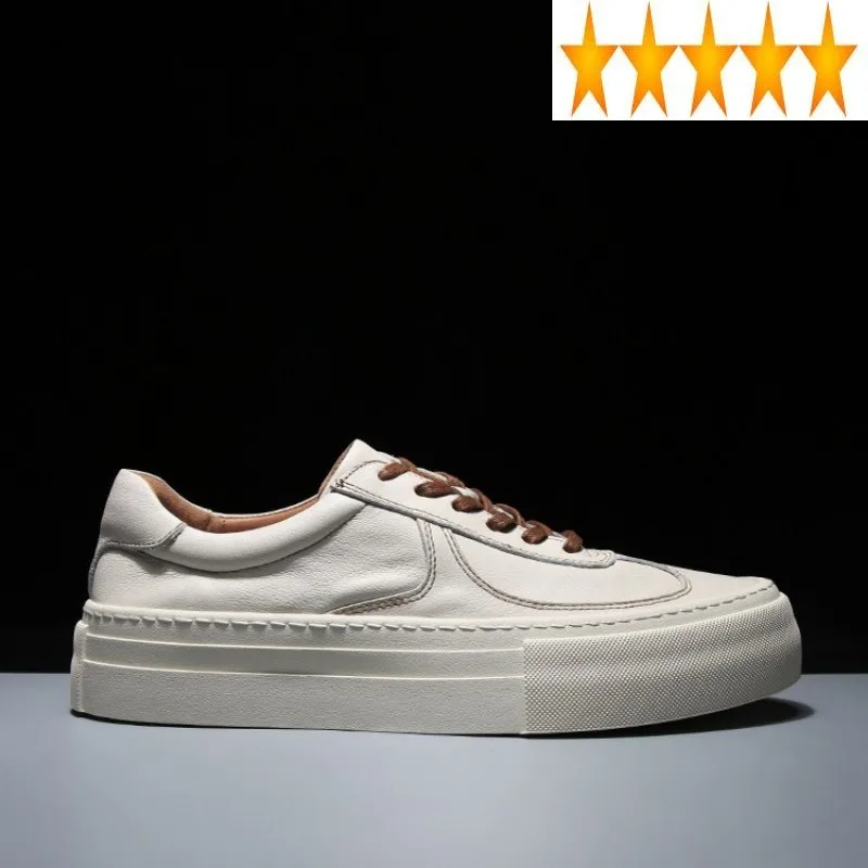 

Platform Height Increasing Sneakers Vintage Men Italian Round Toe Cowhide White Street Lace-Up Hip Hop Flat Shoes Trainers
