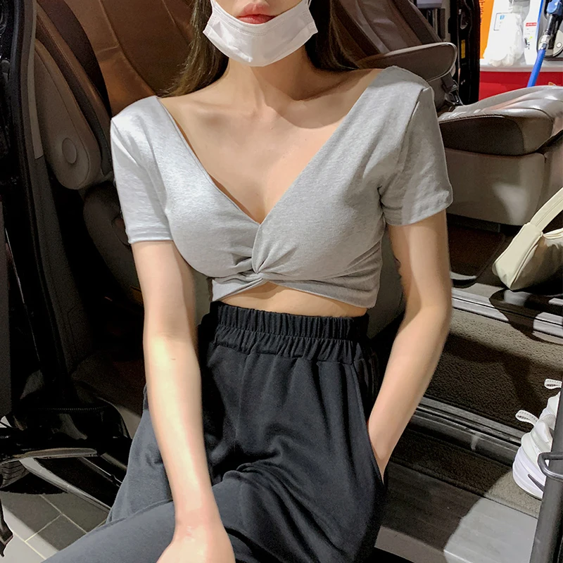 

Women Sexy Tops Fashion V-neck Cross Pleated Tshirt Solid Color Short Sleeve Cropped T-shirt Woman Tshirts