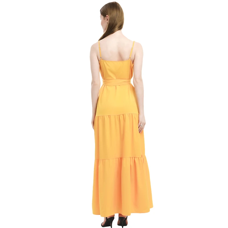 

Fashion Sexy Women Sleeveless Backelss Summer Dress 2021 Yellow White Casual Dress Spaghetti Strap Dresses Button Long Dress