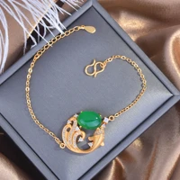 retro gold plated personality synthetic hetian jade stone bracelets vintage carp green chalcedony womens 19cm chain bracelet
