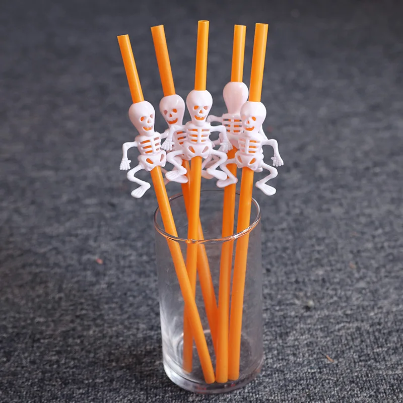 5/6Pc Halloween pumpkin skull Head luminous straw Disposable Plastic Drinking Staw Halloween Party Bar Kids Birthday Decorations