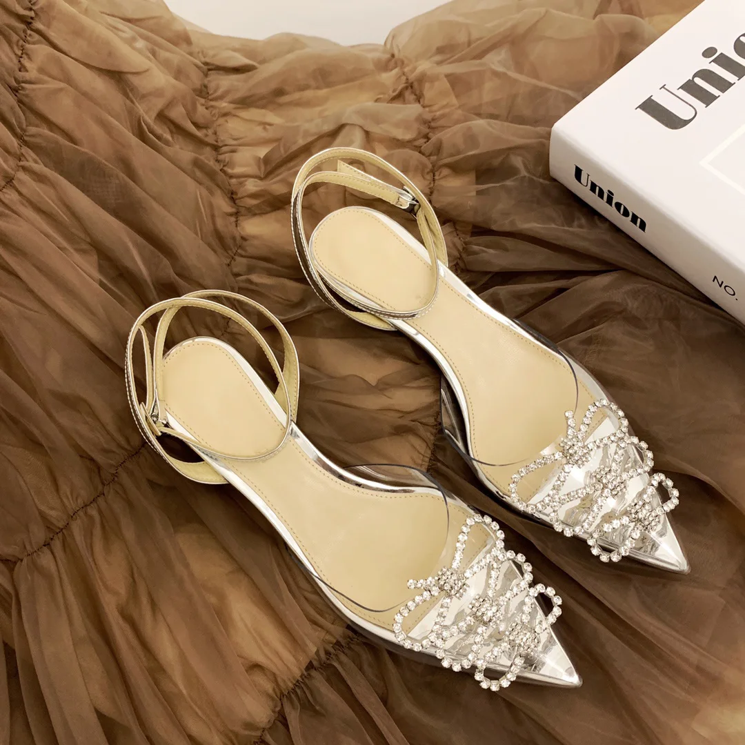 

Rhinestone evening dress high heels design sense of niche temperament ins fairy silver transparent word belt sandals female stil