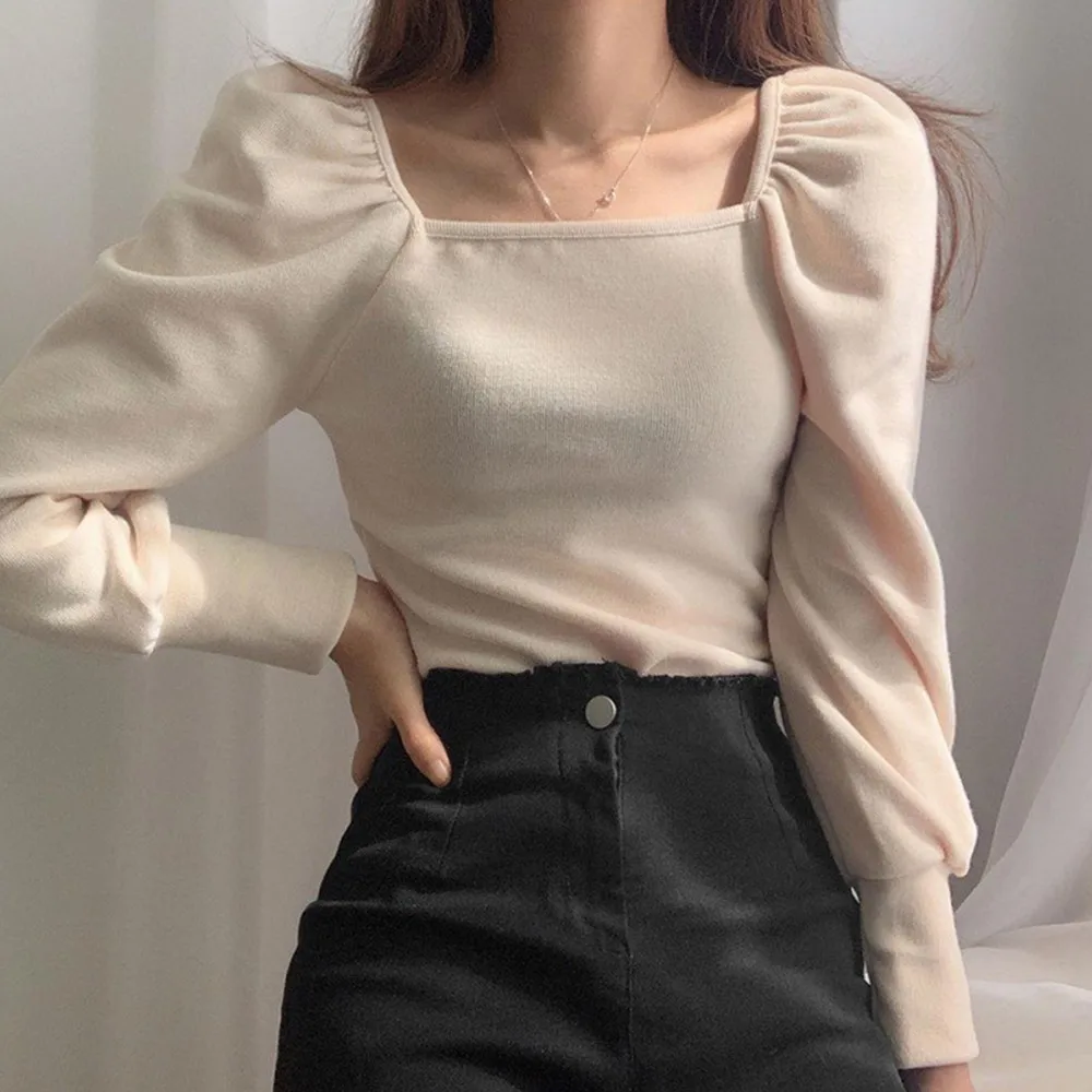 

Square Collar T Shirt Women Slim Fit Pleated Puff Sleeve Blouse Hollow Out Clavicle Blusas Autumn Spring 2021 New Knit Top A50