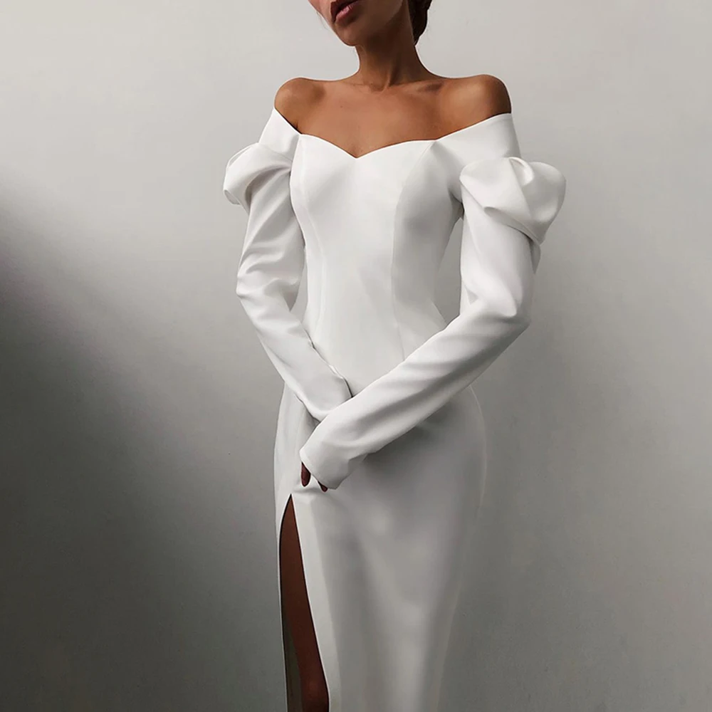 

Spring Autumn Dress Women 2021 Casual Puff Sleeve Solid Slim Hem Split Office Dress Elegant Sexy Square Collar Long Party Dress