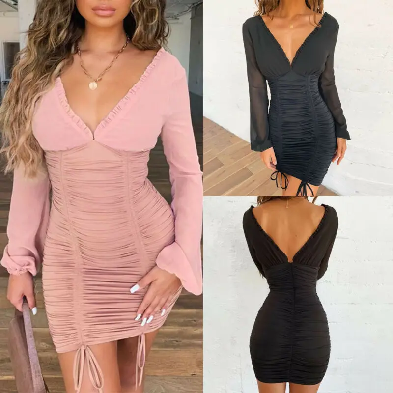 

Bodycon Dress Women V-neck Sexy Long Sleeve Short Mini Party Dresses Package Hip