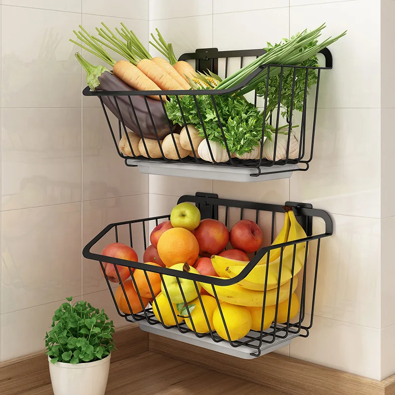 

Stainless Steel Kitchen Wall Hanging Storage Basket Spice Rack Fruit Vegetables with Drain Organizer Dish Drying Shelf Container