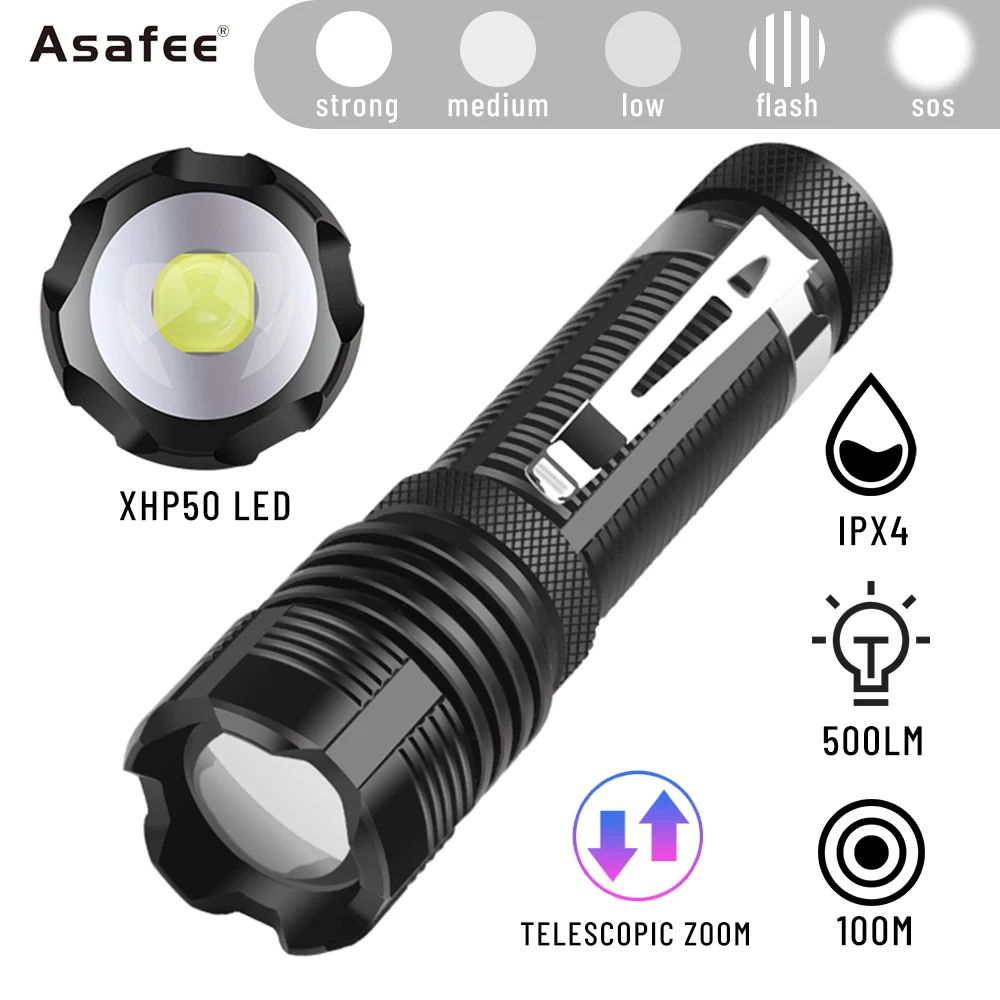 

Asafee 101 Mini Lamp Portable XHP50 LED Flashlight Waterproof IPX4 Zoom Lantern 500LM 5 modes Torch with Pen Holder Outdoor