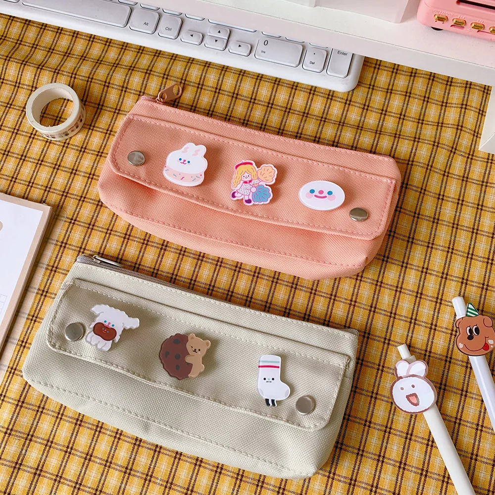 Ins простой милый мультяшный значок Сумка для карандашей большой емкости холст