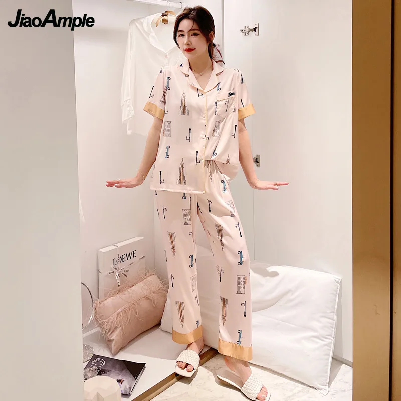 Luxurious Ice Silk Pajamas Women Summer Lapel Thin Cartoon Short-Sleeved Trousers Pijamas 2022 New Printing Sleepwear Homewear