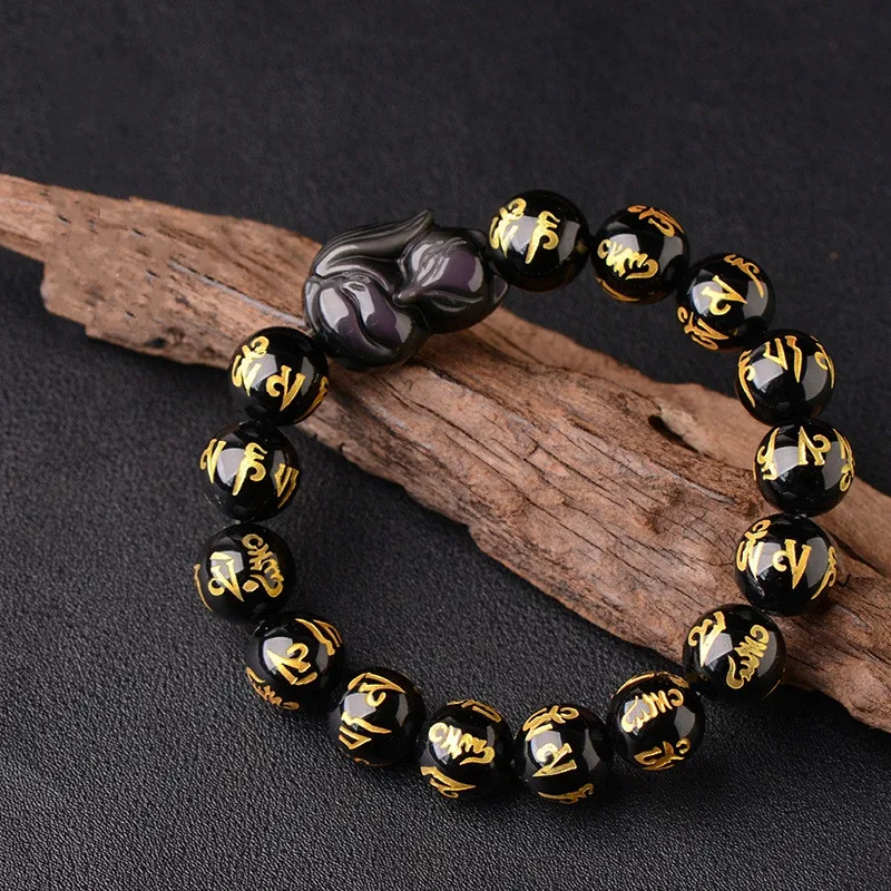 

Natural Black Gilding Buddhism Bead Bracelet Rainbow Eye Fox Bracelet Single Lap Bangles Gift for Men Women's Stone Jewelry
