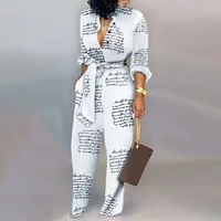 spring sexy women one piece wide leg long pants long sleeve tops v neck letter print casual knotted jumpsuit with belt