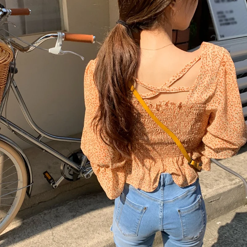 

Summer Square Collar Short Female Floral Sweet Chiffon Shirt Orange Sweet And Cute Women's Tops