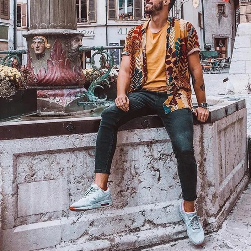 

Men's Vintage Bird Print Beach Shirts Casual Turn-down Button Short Sleeve Tops 2021 Summer Fashion Male Loose Shirt Streetwear
