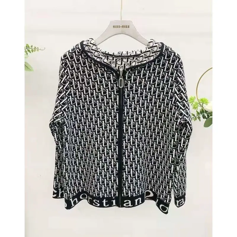 

Autumn 2020 New Hooded Knitted Coat Cardigan Zipper Letters Printed Loose Top