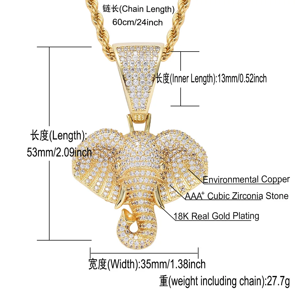 

Hip Hop AAA Cubic Zirconia Pave Bling Iced Out Elephant Animal Pendants Necklace for Men Women Fashion Jewelry Gold Color Silver