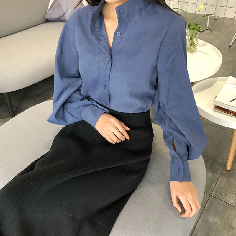 2019 зимняя женская Повседневная Блузка Корейская Осенняя модная Однотонная