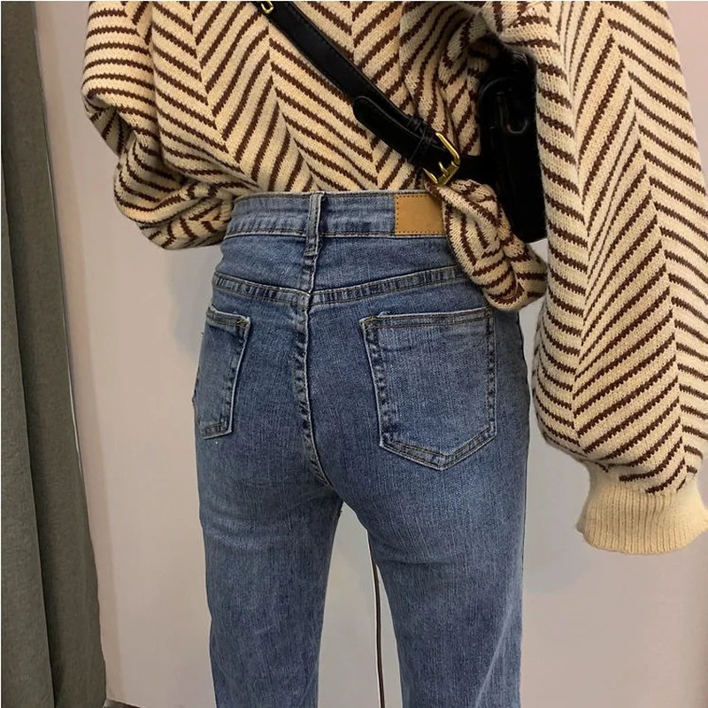 

Jeans Women Denim Trousers Spring Slim High Waist Vintage Irregular Solid Simple All-match Korean Style Harajuku Fashion Chic