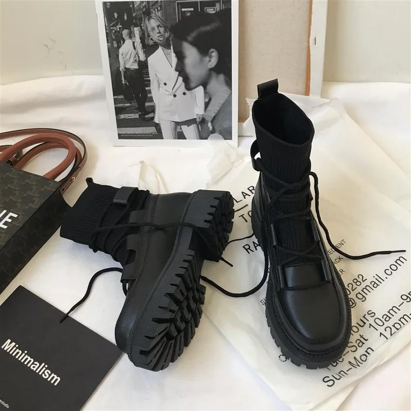 

Martin boots woman 2021 new ladies casual stretch fabric socks boots fashion Cross-tied women shoes platform boots gothic women