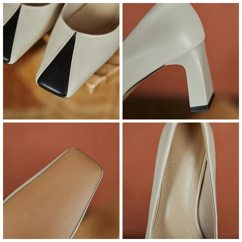 

ORCHALISA New 2021 Ladies Pumps Square Toe 7cm Block Heels Patchwork Genuine Leather Elegent Size 40 Casual Office Summer B2258