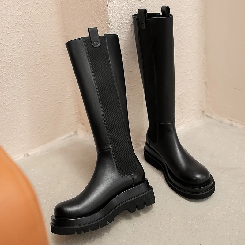 

Women's genuine leather elastic fabric patchwork winter warm plush slip-on knee high boots round toe casual platform flats shoes