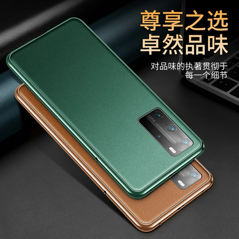 

Metal Frame + Genuine Cow Leather Back Cover For Huawei P40 Pro Luxury Full Grain Leather Protection Case Business Women Diy