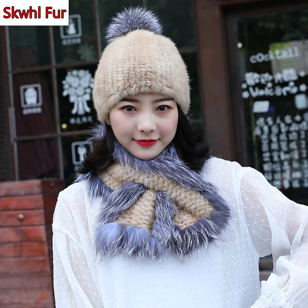 New Women Winter Luxury Real Mink Fox Fur Hat Scarf 2 Pieces Knitted Rex Mink Fox Fur Hat Top Natural Fox Fur Cap Scarves Sets