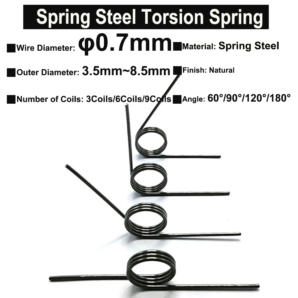 10Pcs Wire Diameter 0.7mm Spring Steel Torsion Spring Hairpin Springs 3Coils/6Coils/9Coils Angle 60°/90°/120°/180°
