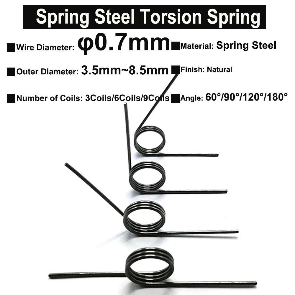 

10Pcs Wire Diameter 0.7mm Spring Steel Torsion Spring Hairpin Springs 3Coils/6Coils/9Coils Angle 60°/90°/120°/180°