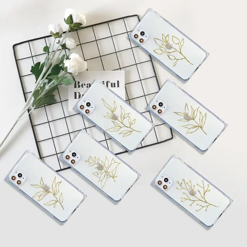 

Gold leaves lines pattern Phone Case Transparent for iPhone 7 8 11 12 se 2020 mini pro X XS XR MAX Plus